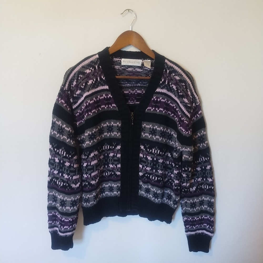 Paris Sport Club Zip Up Cardigan Women's Large Vintage Cottage Grandpa Fair Isle